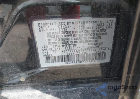 2015 Nissan Sentra S z USA, uszkodzony, nr VIN 3N1AB7AP0FY277848